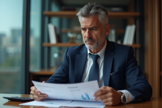 Homme d'affaires en costume analysant un rapport financier