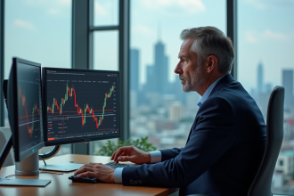 Homme d'affaires concentré sur un écran de bourse en bureau