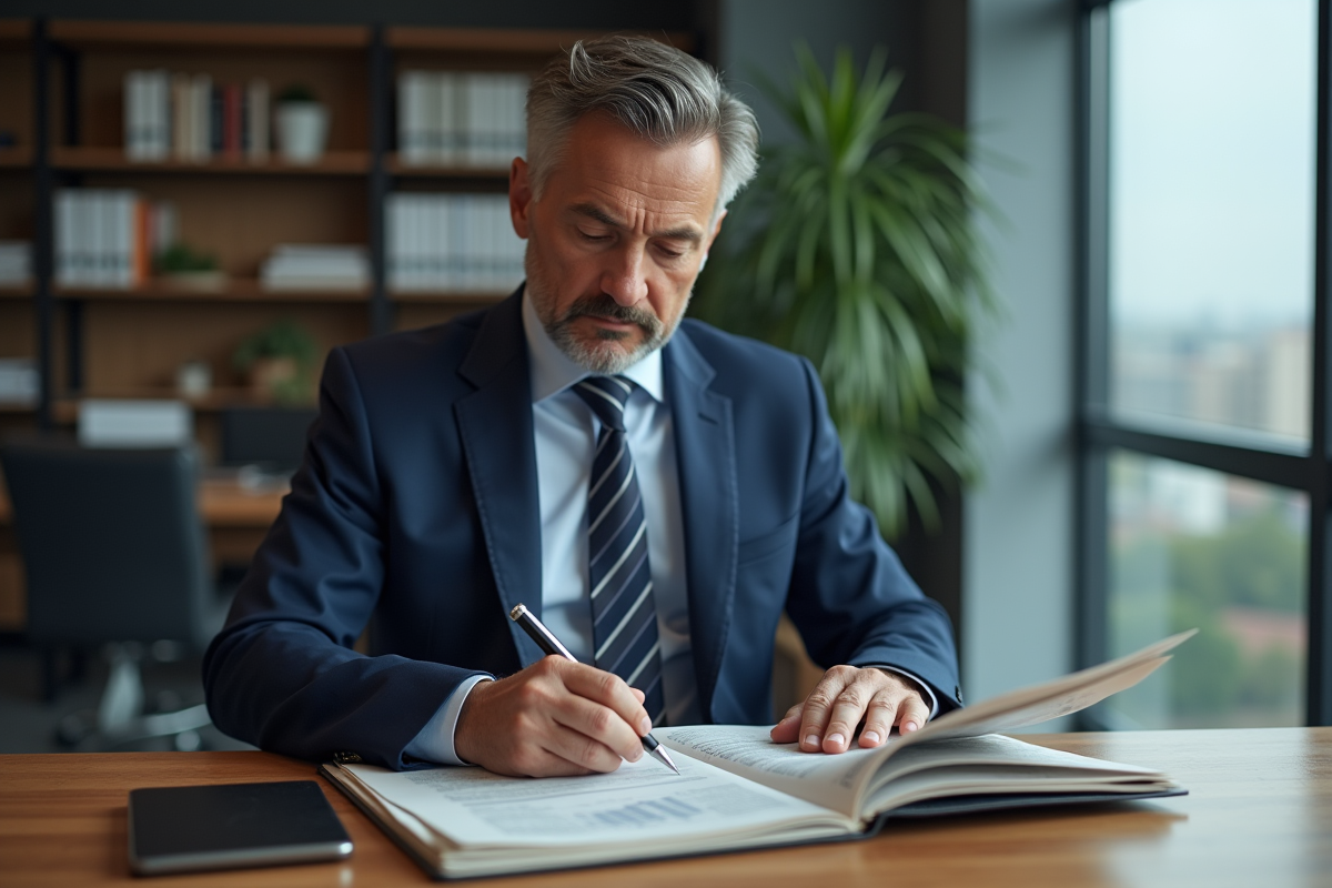 Homme d'affaires en costume bleu lisant un journal financier