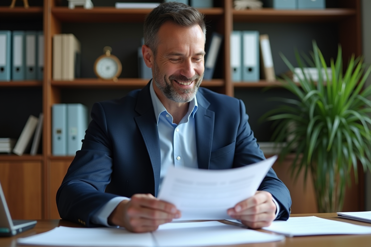 Homme d'affaires en costume bleu lisant des documents financiers
