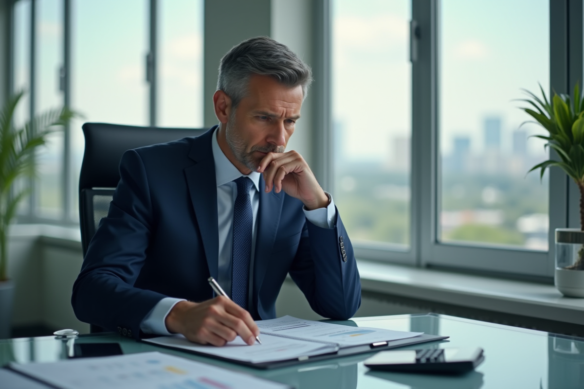 Homme d'affaires en costume bleu dans un bureau moderne