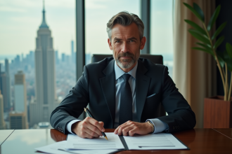 Homme d'affaires en costume signant des documents dans un bureau moderne