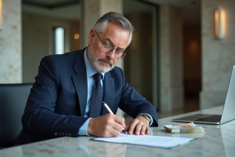 Homme d affaires en costume navy signe des papiers à la banque