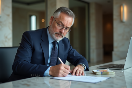 Homme d affaires en costume navy signe des papiers à la banque