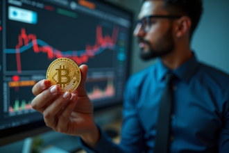 Homme tenant un bitcoin en or devant un écran de crypto volatile