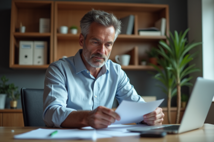 Homme d'âge moyen dans un bureau moderne en train de revoir des documents