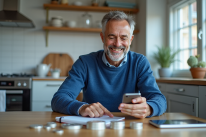 Homme d'âge moyen dans une cuisine moderne examine des pièces d'argent