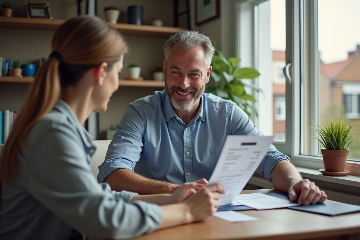 Homme souriant examinant un devis de prêt immobilier
