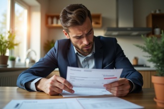 Homme inquiet examinant un relevé bancaire dans la cuisine