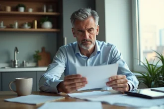 Homme d'âge moyen lisant une lettre avec des factures