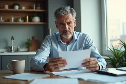 Homme d'&acirc;ge moyen lisant une lettre avec des factures