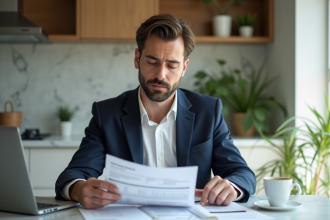 Homme en chemise blanche et blazer bleu lisant un document financier