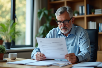 Homme d'âge moyen lisant des documents financiers dans son bureau