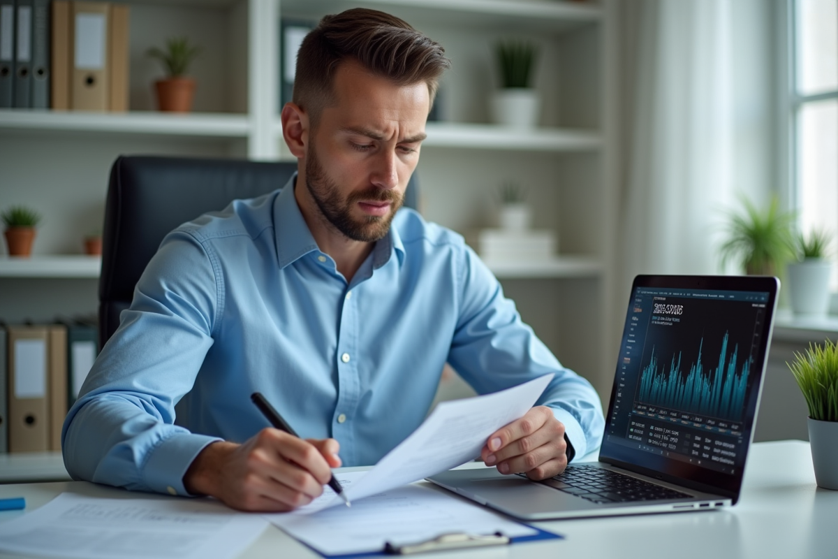 Homme d'affaires en bureau préparant ses impots avec crypto