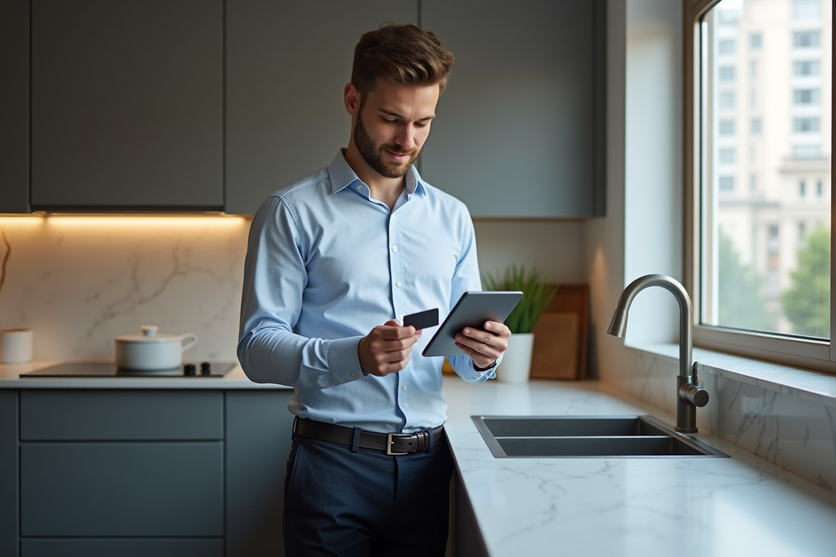 Homme effectuant un paiement avec sa tablette dans une cuisine moderne