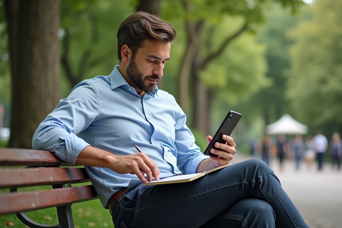 Homme en plein air utilisant une application financière sur smartphone