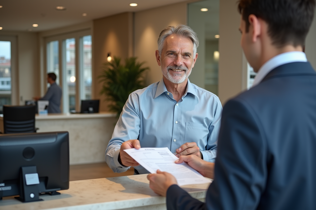 Homme remettant un formulaire au guichet de la banque