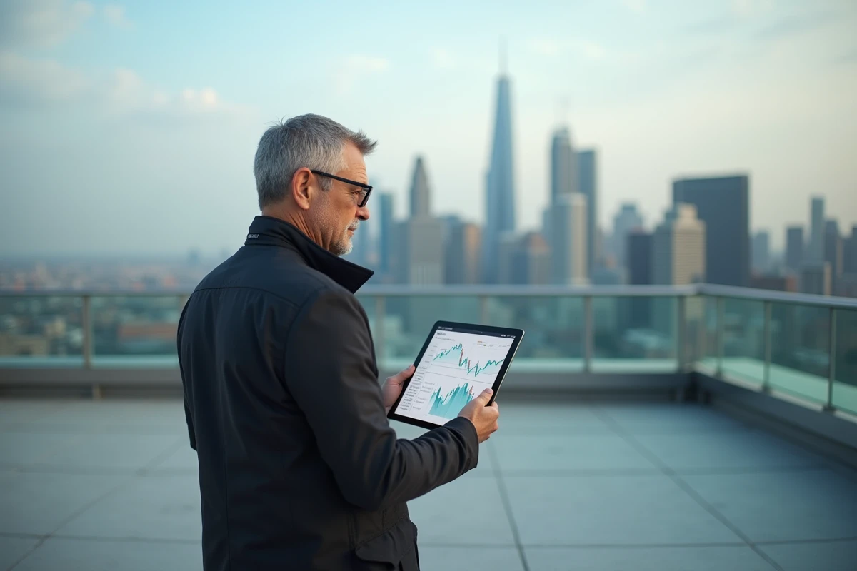 Homme en tenue décontractée observant la ville depuis un toit urbain