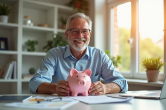 Homme souriant tenant une tirelire et relevés financiers dans un bureau lumineux