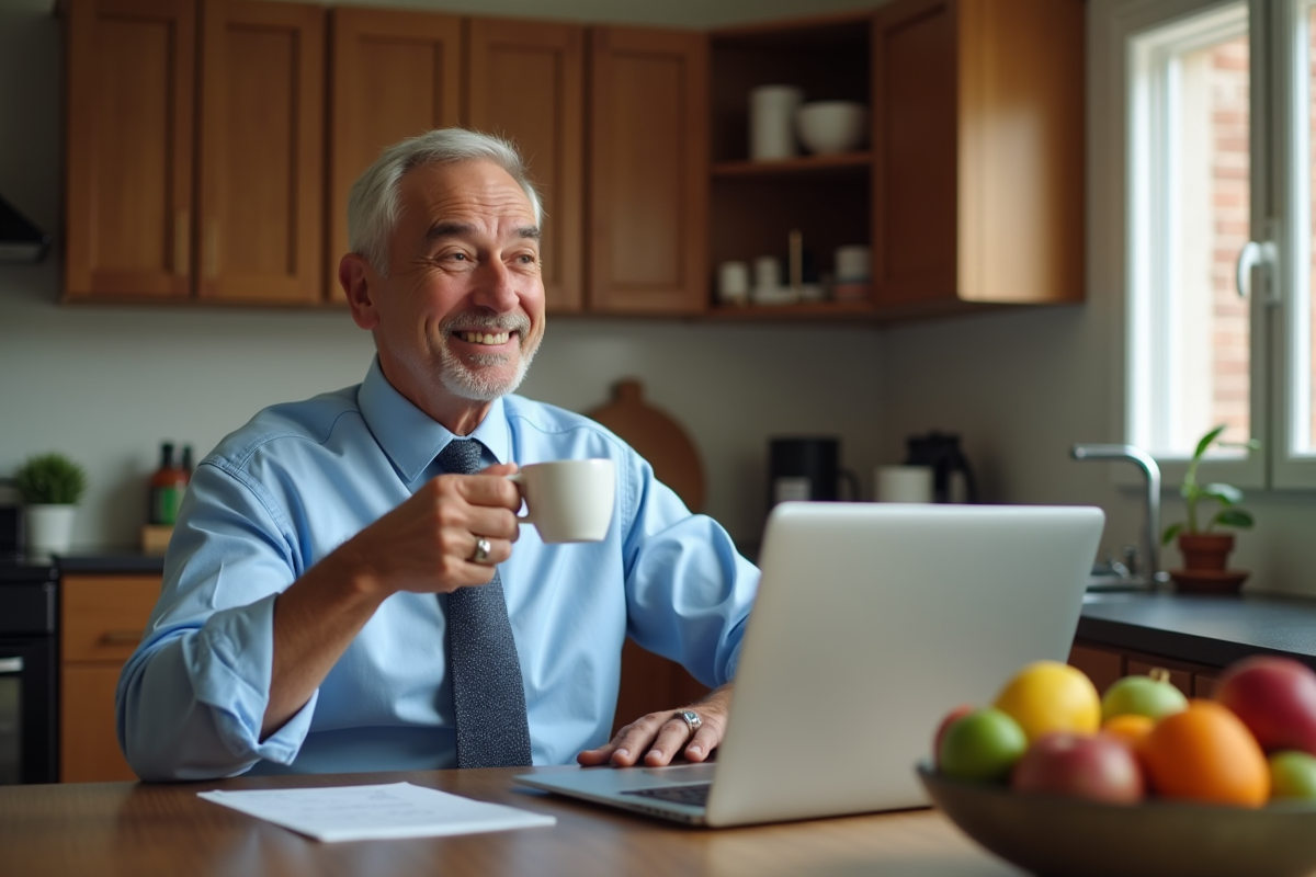 Homme d age moyen travaillant à la maison avec un ordinateur