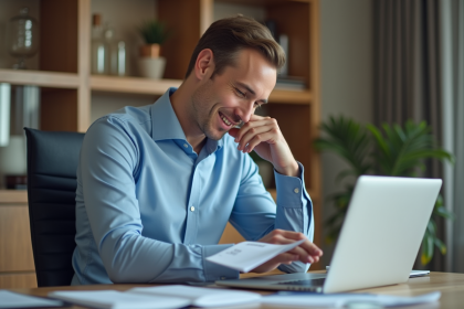 Jeune homme professionnel travaillant à son bureau à domicile