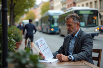 Homme d'âge moyen analysant des graphiques d'émissions en extérieur