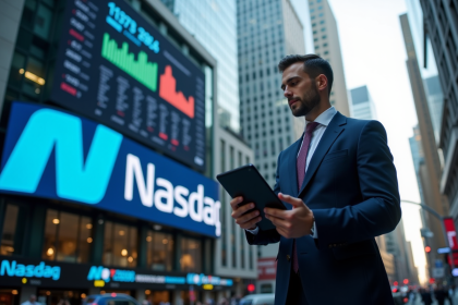 Bâtiment moderne dans un quartier financier avec logo Nasdaq