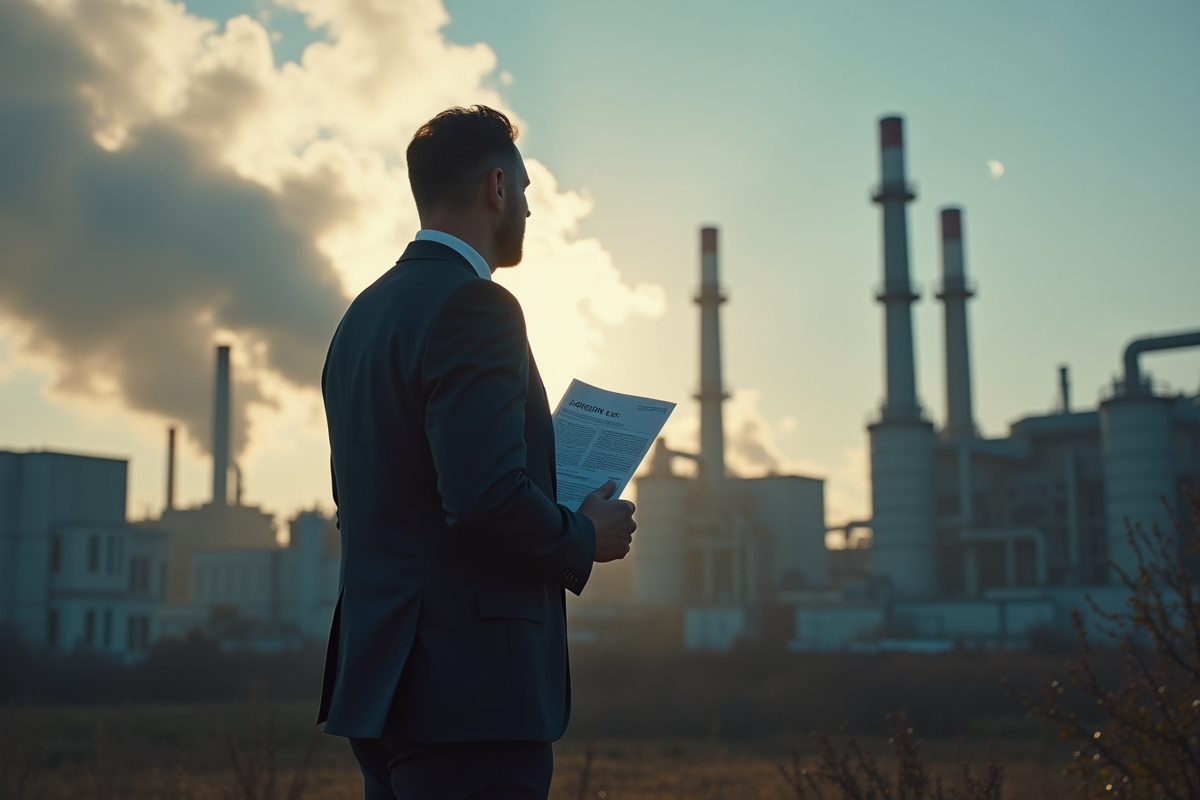 Homme d affaires avec taxe carbone devant une usine