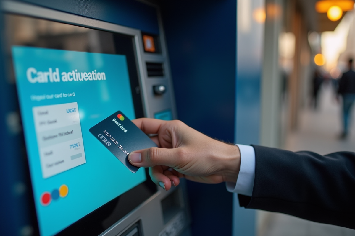 Mains insérant une carte bancaire dans un ATM en extérieur