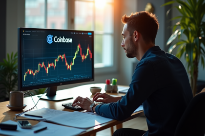 Investisseur en cryptomonnaie anxieux devant un écran avec logo Coinbase