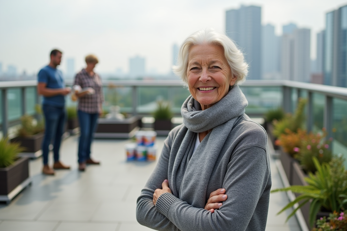 Femme agitant des plantes sur une terrasse d