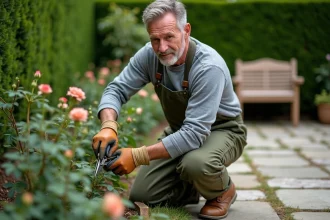 Jardinier à domicile taillant des rosiers dans un jardin résidentiel, illustrant les services à la personne déclarables case 7DB