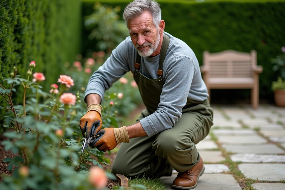 Jardinier à domicile taillant des rosiers dans un jardin résidentiel, illustrant les services à la personne déclarables case 7DB
