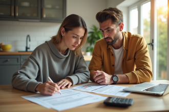 Jeune couple examinant leur contrat de location et documents financiers