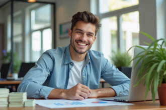 Jeune entrepreneur confiant au bureau avec graphiques et argent