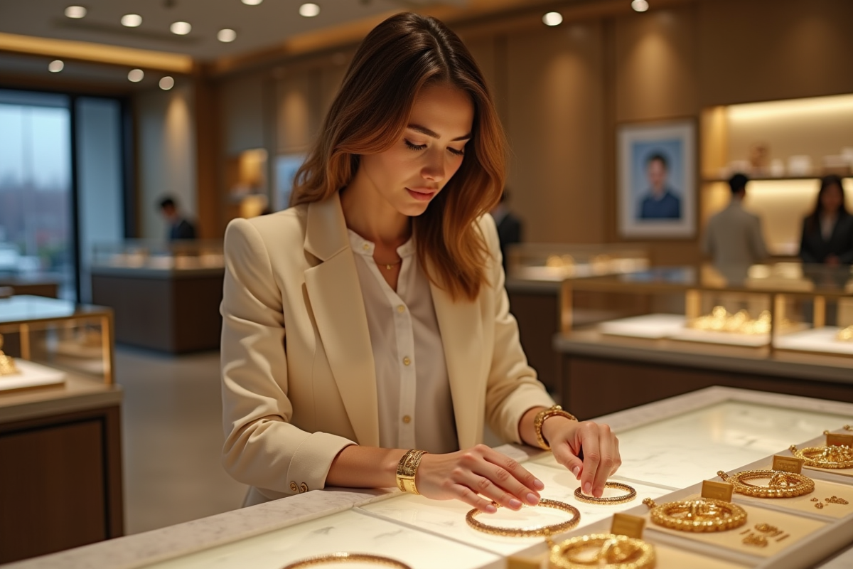 Jeune femme investisseuse comparant bracelets en or dans une boutique