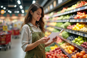 Jeune femme souriante vérifiant sa liste de courses dans un supermarché lumineux