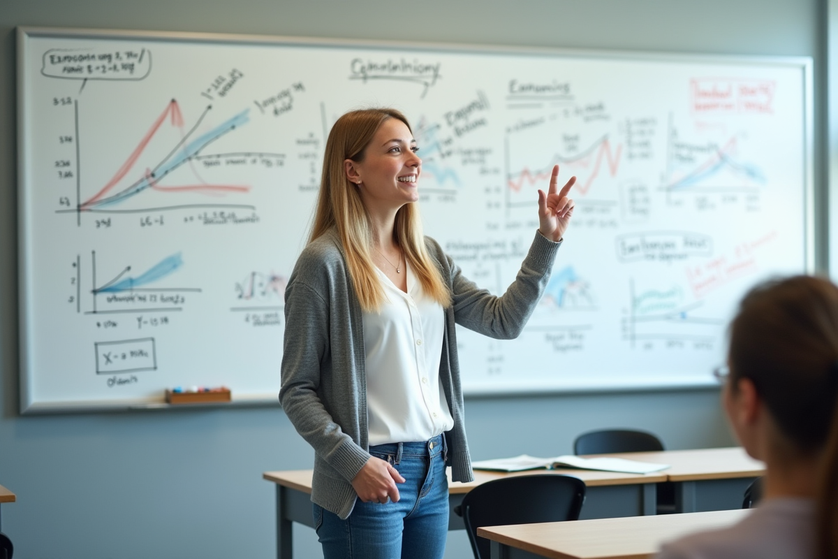 Jeune femme expliquant des graphiques économiques en classe
