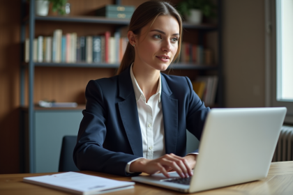 Jeune femme professionnelle en visio dans un appartement parisien