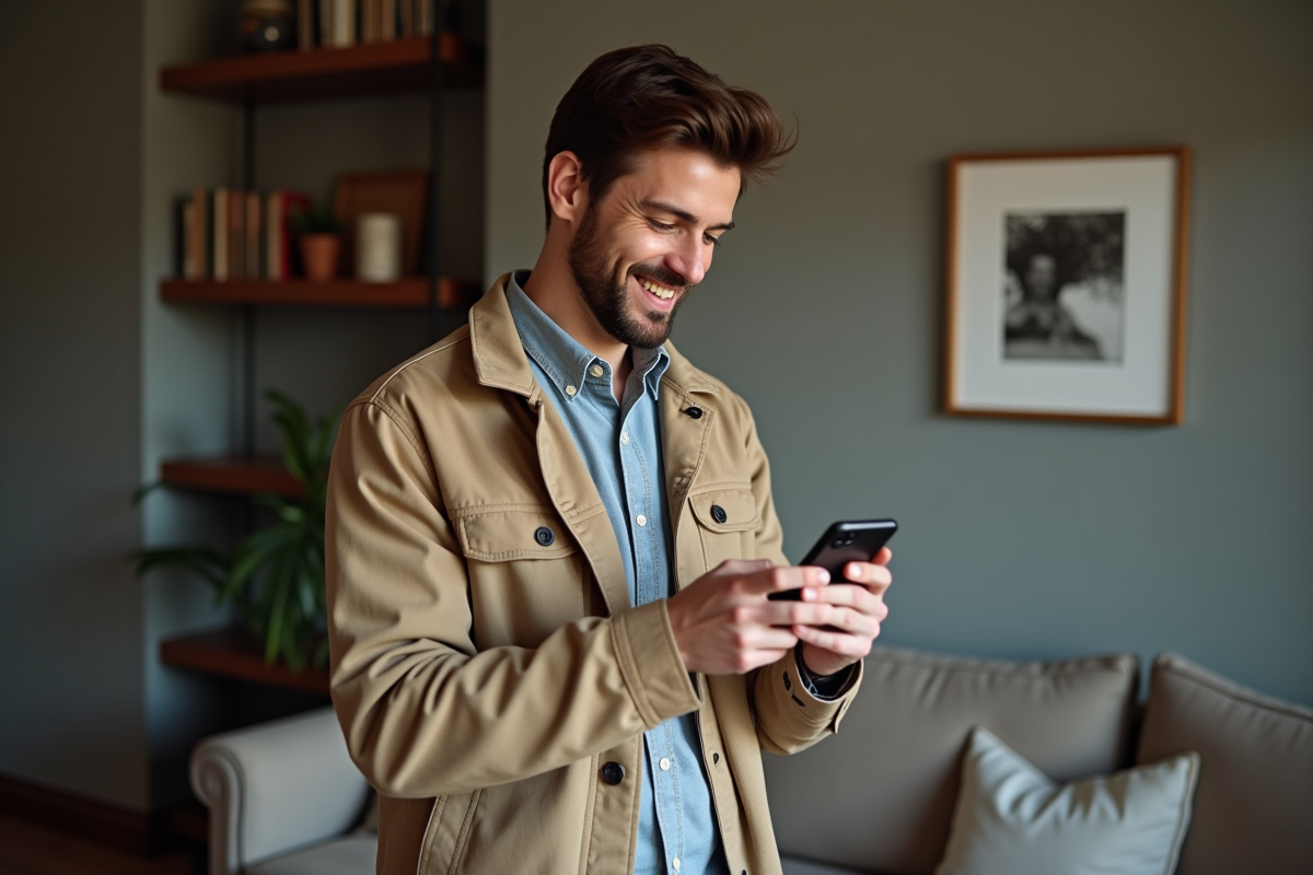 Jeune homme avec son téléphone dans un salon cosy