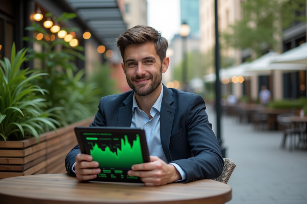 Jeune homme avec tablette affichant des graphiques financiers écologiques en extérieur