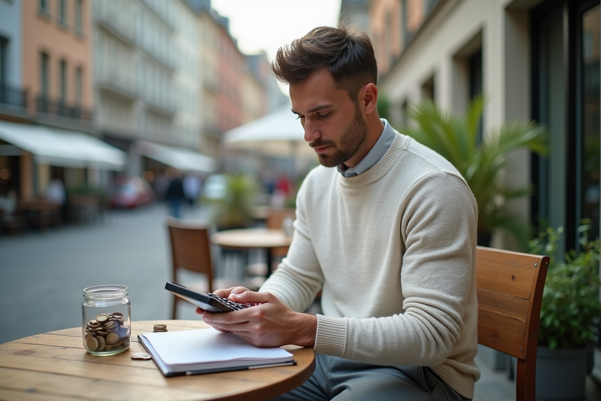 Jeune homme utilise une calculatrice en terrasse urbaine