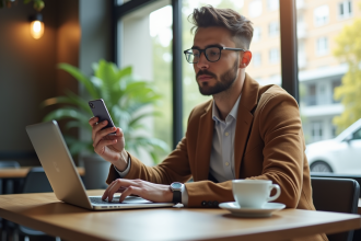Jeune professionnel avec carte prépayée et smartphone au café