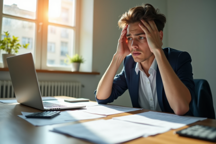 Jeune professionnel inquiet avec documents de prêt