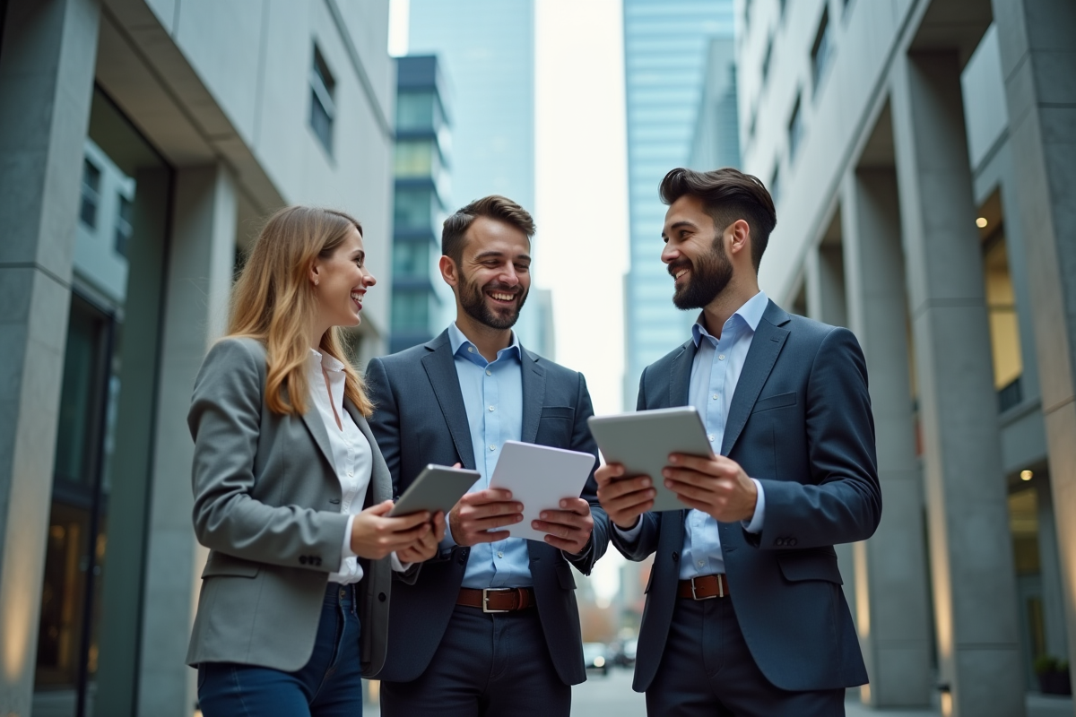 Groupe de jeunes professionnels discutant devant un immeuble moderne