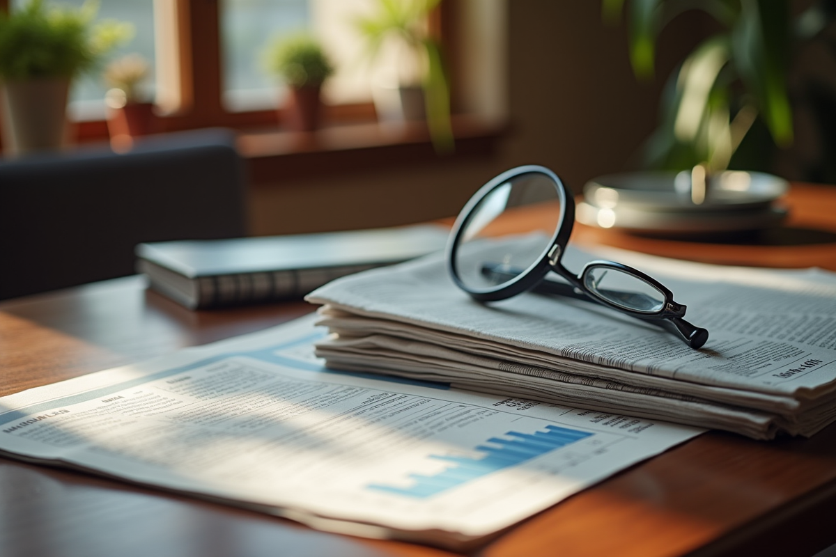 Journaux financiers avec loupe et lunettes sur une table
