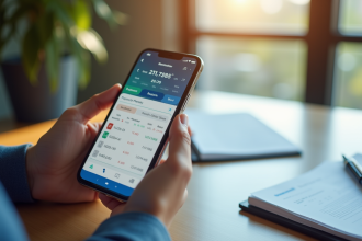 Main dans la main tenant un smartphone avec application financière