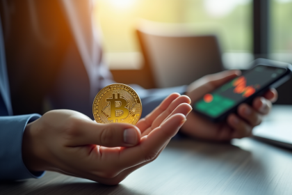 Main tenant un bitcoin en or et un smartphone avec graphique