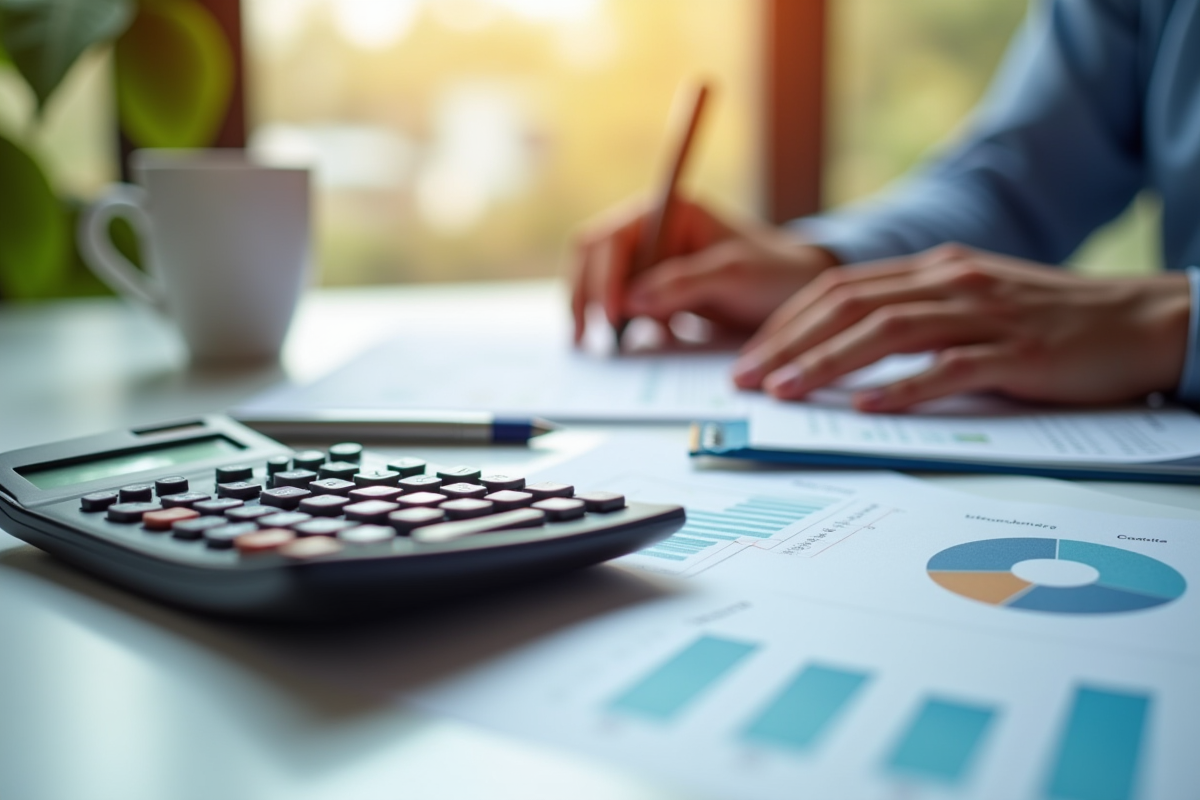 Mains tapant des chiffres sur une calculatrice avec feuilles de calcul