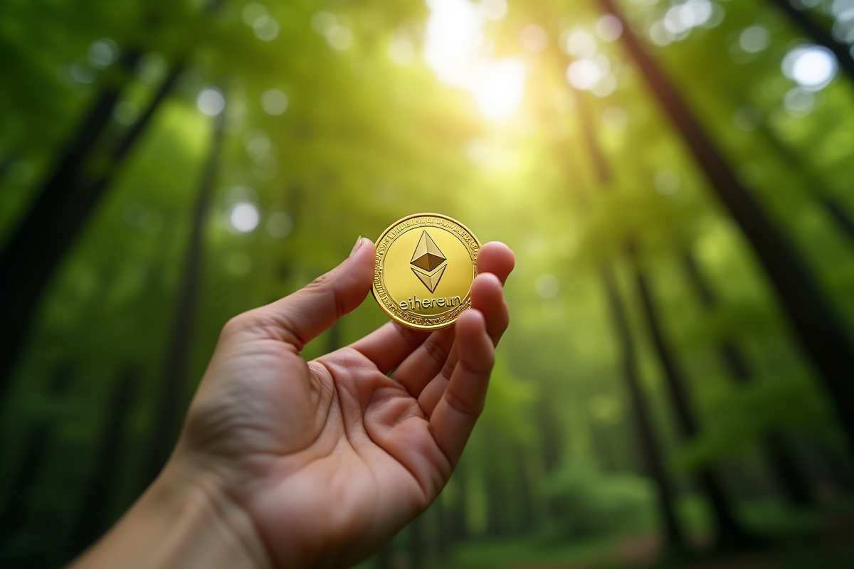 Main tenant une pièce Ethereum brillante au-dessus de la forêt